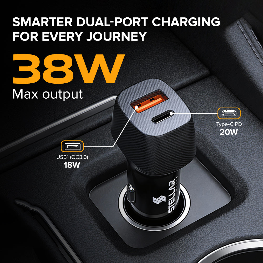 Stellar Drive XC-16 Torq Charge | 38W Fast Car Mobile Charger with PD & QC