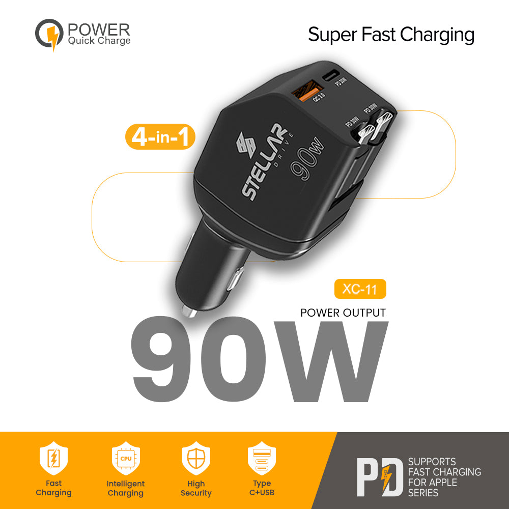 STELLAR DRIVE XC-11 | 90W 4-in-1 Fast Car Mobile Charger