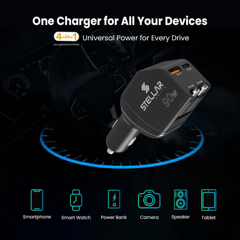 STELLAR DRIVE XC-11 | 90W 4-in-1 Fast Car Mobile Charger