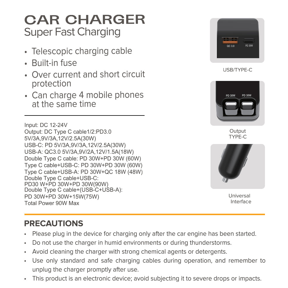 STELLAR DRIVE XC-11 | 90W 4-in-1 Fast Car Mobile Charger
